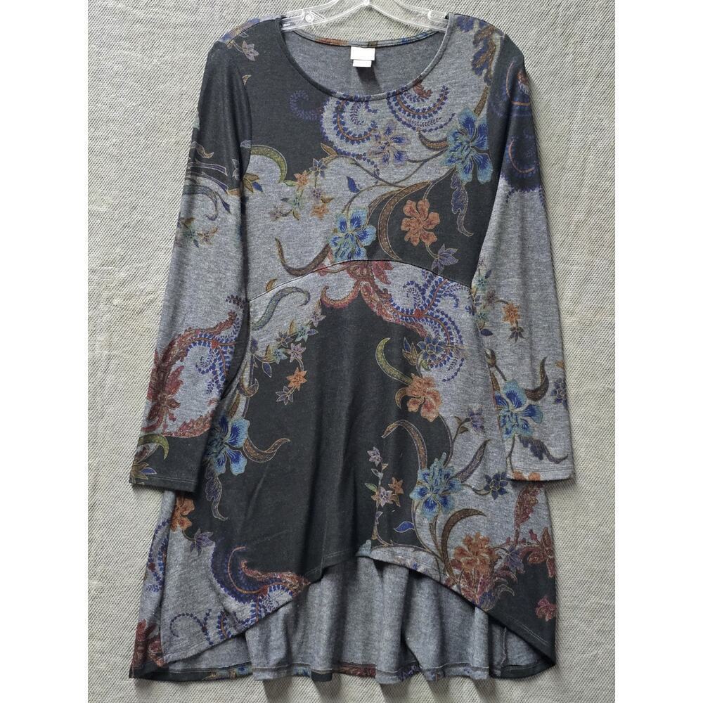 Chico's Women Floral Long Sleeve Soft Button Accent Multicolor Tunic Size Small